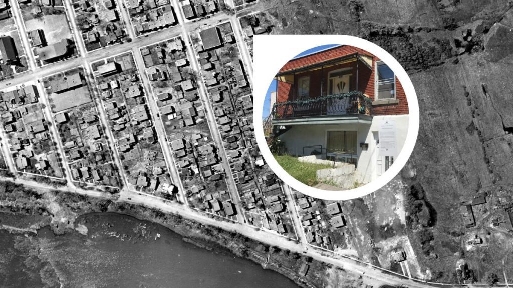 composition d'une photo aérienne 1947-1949 provenant des archives de Montréal et d'une photo de la bâtisse de 1927 prise en août 2022