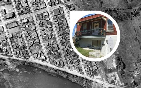 composition d'une photo aérienne 1947-1949 provenant des archives de Montréal et d'une photo de la bâtisse de 1927 prise en août 2022