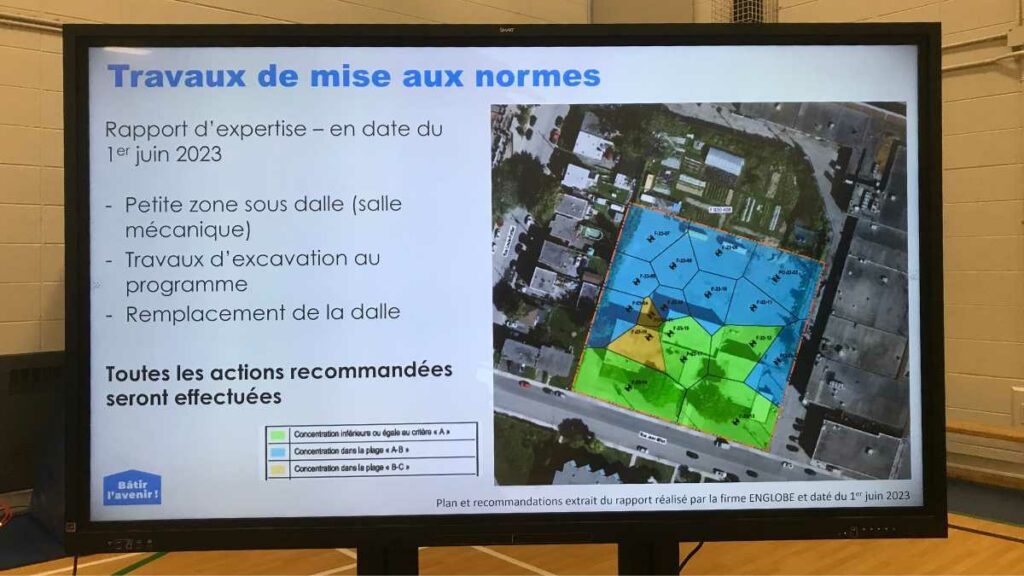 Carte de contamination des sols au centre Clement à LaSalle, présentée lors du conseil d'établissement de Sainte-Geneviève