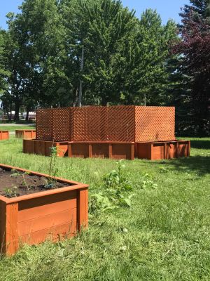 Agora composée de bacs équipée de treillis du jardin collectif au parc des Rapides