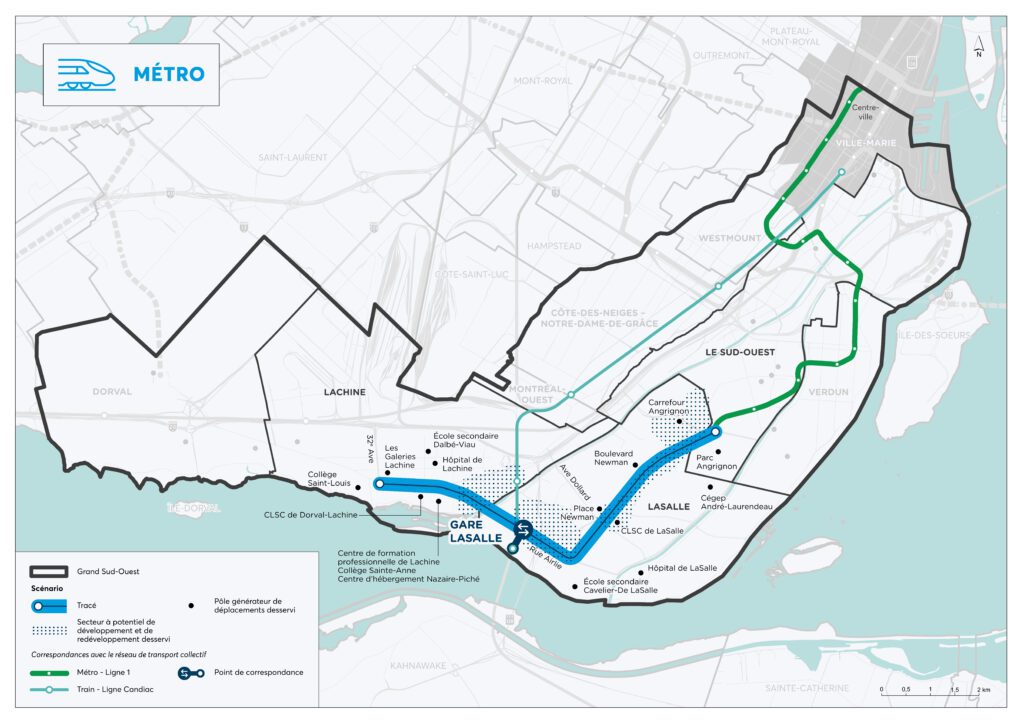 Carte représentant le scénario Lachine-Le Sud-Ouest en métro